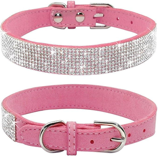 Rhinestone Dog Collar, Cute Dazzling Sparkling Soft Suede Leather Dog Cat Rhinestone Collar Crystal Diamond Pet Dog Puppy Collar(Pink,M fit Neck 32-38 cm)