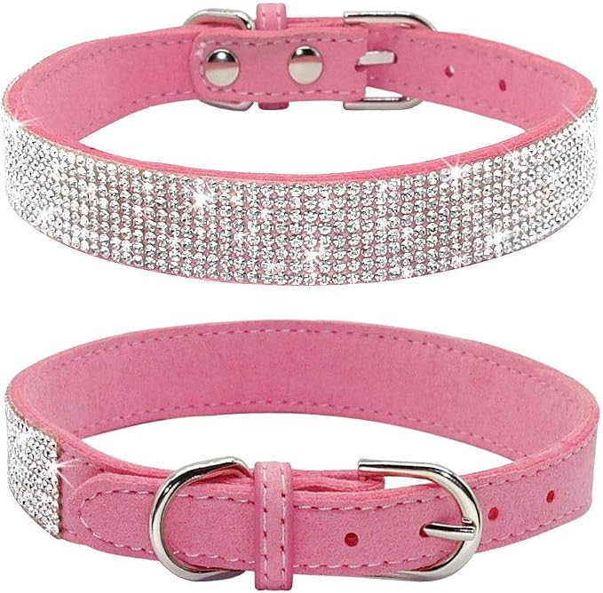 Rhinestone Dog Collar, Cute Dazzling Sparkling Soft Suede Leather Dog Cat Rhinestone Collar Crystal Diamond Pet Dog Puppy Collar(Pink,L 38-46 cm)