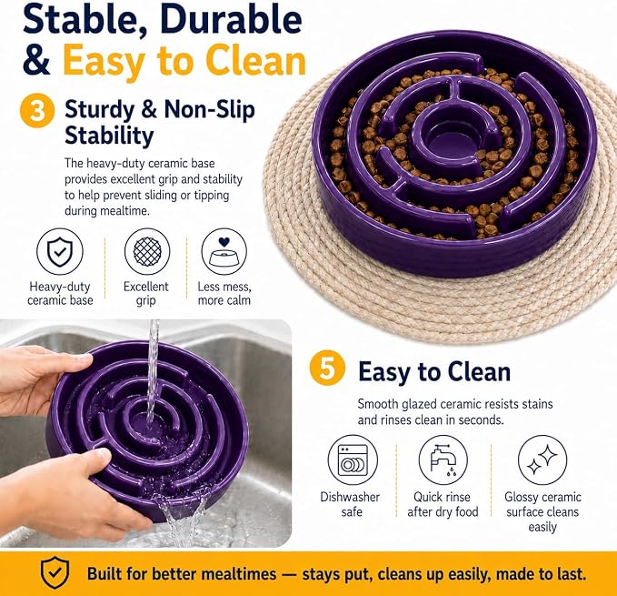 Ceramic Slow Feeder Dog Bowls with Anti-Slip, Slow Feeder & Non-Slip Design, Boredom and Anxiety Reducer, Suitable for All Breed Dogs and Cat (Ceramic-Purple)