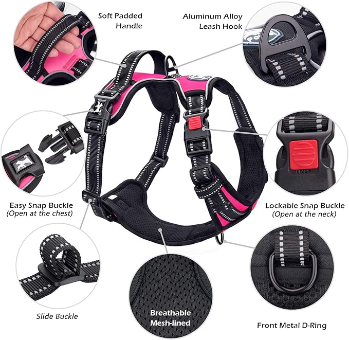 PoyPet No Pull Dog Harness, No Choke Front Lead Dog Reflective Harness, Adjustable Soft Padded Pet Vest with Easy Control Handle for Small to Large Dogs(Pink, Medium)