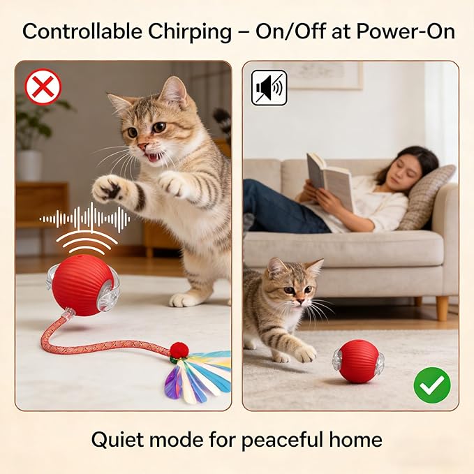 New Upgraded Interactive Cat Toy Ball – Smart Automatic Rolling Stimulating Chasing Teaser Ball for Bored Indoor Adult Cats and Dogs (Red)