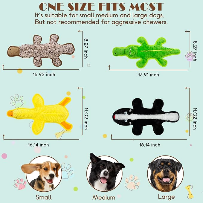 No Stuffing Dog Squeak Toys, 5 Pack Chew Toys with Crinkle to Keep Them Busy, Plush Puppy Teething Toys for Indoor & Outdoor Play, Best Birthday Gift for Large Breed