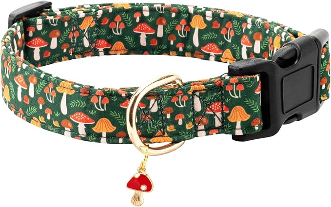 Fall Dog Collar,Cute Spring Cotton Puppy Collars with Mushroom Patterned Design for Girl Female Boy Dogs,Adjustable Buckle Pet Collar for Small Medium Large Dogs (Green Mushroom, Medium)
