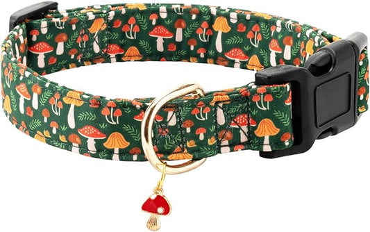 Fall Dog Collar,Cute Spring Cotton Puppy Collars with Mushroom Patterned Design for Girl Female Boy Dogs,Adjustable Buckle Pet Collar for Small Medium Large Dogs (Green Mushroom, Medium)