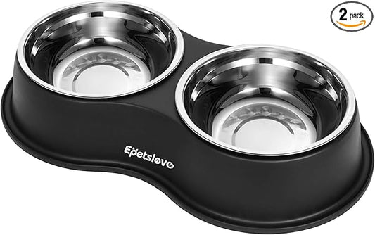 Epetslove Dog Bowls Double Dog Water and Food Bowl Stainless Steel Bowl with Non-Slip Resin Station, Pet Feeder Bowls for Puppy Medium Dogs Cats