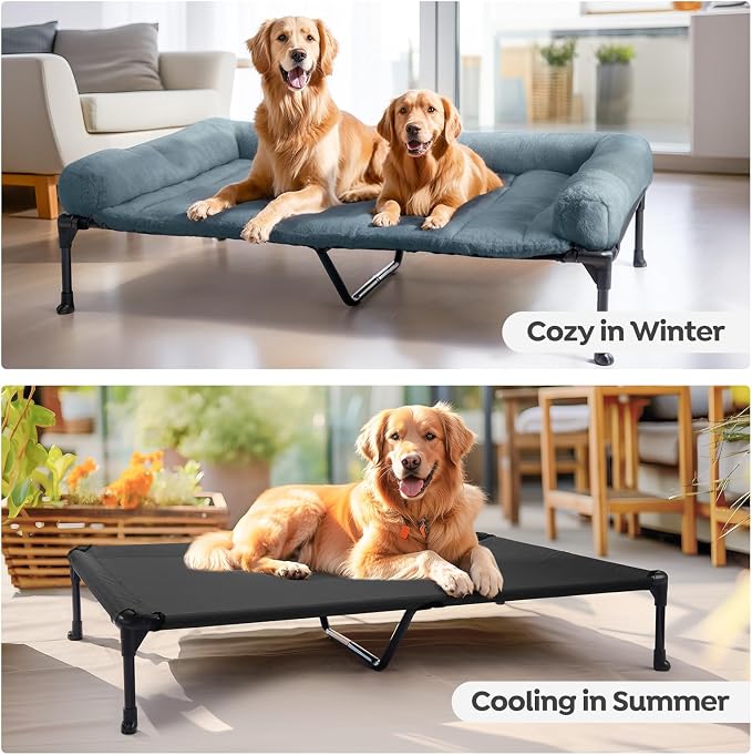 Veehoo Orthopedic Elevated Dog Bed with Fluffy Plush Bolster Cushion, Indoor Raised Dog Beds for Large Dogs, Soft Pet Sofa Cot with Removable Washable Mat, No-Slip Feet, 49 x 33 inches, Haze Blue