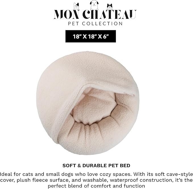Mon Chateau Nestled Boucle Hooded Pet Bed, Plush Cat or Dog Bed with Hooded Cover, Waterproof and Machine Washable with Anti-Skid Bottom, Designed for Comfort and Safety, Cloud White