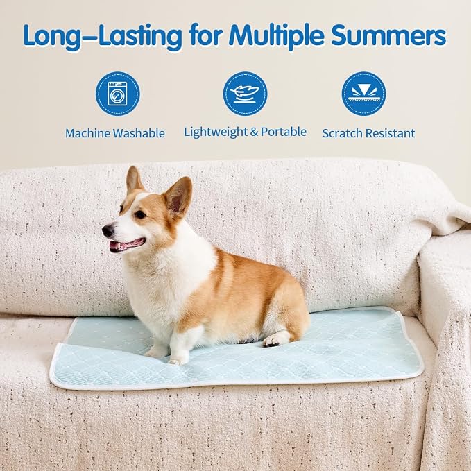 Pet Cooling Mat Scratch Resistant QMAX>0.5 Instant 6-12°F Drop, No Water or Electricity Needed Self Cooling Crate Mat for Bed, Floor, Car Travel Indoor Outdoor Summer Use Light Blue 36" x 24"