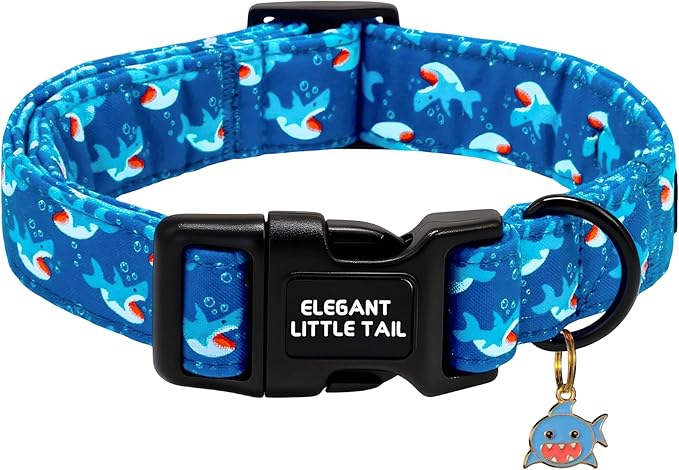 Elegant little tail Dog Collar,Cute Blue Shark Pattern Pet Collars Dog Cotton Soft Sturdy Puppy Collars Female or Male Adjustable Collar for Small Medium Large Dogs