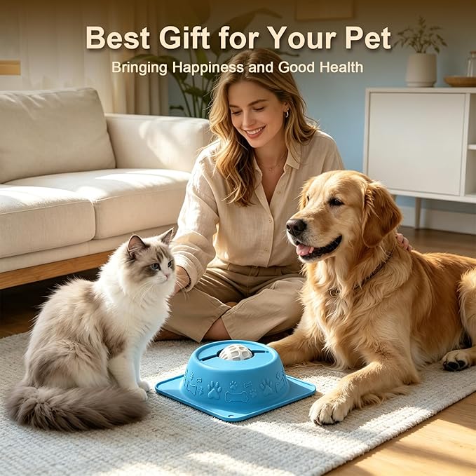 Slow Feeder Lick Bowl for Dogs and Cats, Anti-Slip Pet Water Bowl with Smooth Rolling Ball, No Spill Bowl for Water, Bone Broth, Yogurt & Pumpkin Puree, for Large Medium Small Pets, Light Blue