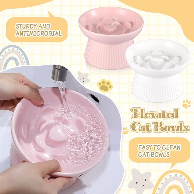 Layhit 2 Pack Raised Slow Feeder Cat Bowls Ceramic Elevated Cat Food Bowls Anti Vomiting Slow Feeder for Dog and Kitten for Dry and Wet Food(Pink, White)