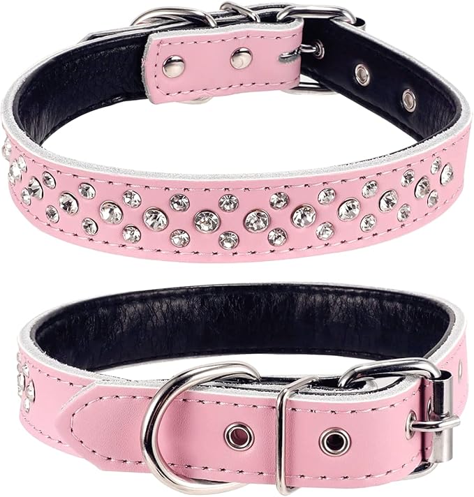 Rhinestone Dog Collar, Adjustable Cute Dazzling Sparkling Soft Leather Dog Collar Crystal Diamond Pet Dog Puppy Collar (S, Pink)