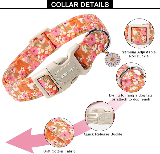 ARING PET Spring Summer Dog Collar, Cute Daisy Wildflower Floral Blossom Pet Collars for Small Medium Large Girl Dogs-XL Size