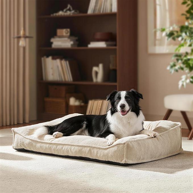 FURTIME Orthopedic Dog Bed Medium Size Dog, Extra Thick Supportive Comfort Pet Sofa, Ergonomic Slant Dog Couch Bed with Removable Washable Cover, Ultra Soft Surface & Non-Slip Bottom, Beige, 35"
