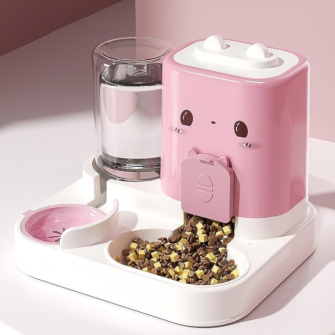Baoblaze 2 in 1 Automatic Pet Feeder Removable Drinking Household Supplies Water Dispenser Pet Feeding Bowl for Small Dogs Kitten Puppy Bunny Animals, Pink