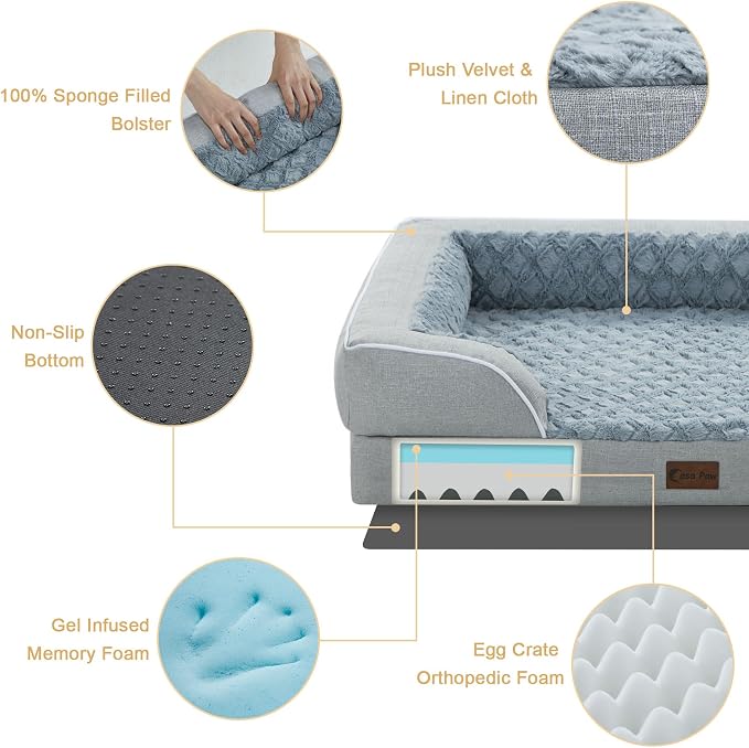 Orthopedic Dog Beds for Large Sized Dogs 36x27 Inch, Waterproof Egg Crate Foam Dog Sofa Bed with Removable Washable Cover Big Pet Couch with Bolster & Non-Slip Bottom, Light Grey