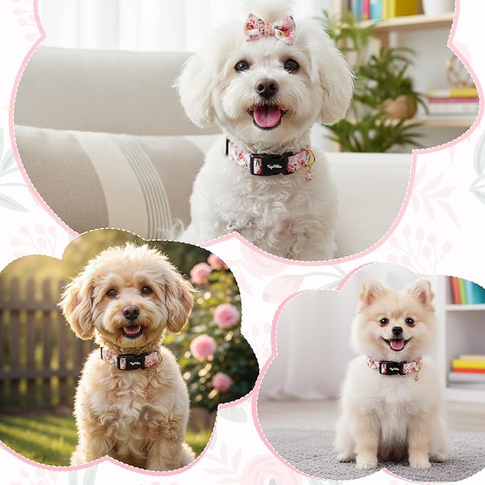 Dog Collar with Roses Patterns, Spring Summer Collection Pink Dog Collar with Exquisite Pendant, Durable Adjustable Collars for Gifts & Daily Use-M