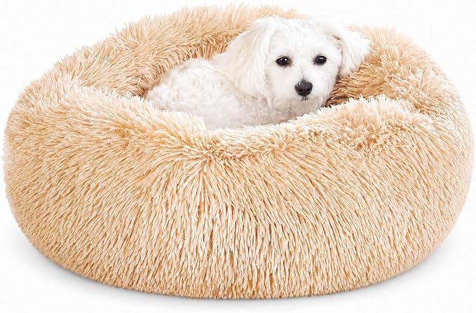 Whiskers & Friends Cat Beds for Indoor Cats, Fluffy Calming Donut Cat Bed, Small Dog Bed Washable - Orthopedic Soft Plush Pet Beds Sized for Kitten to Large Cats & Puppy to Small Dogs - Khaki