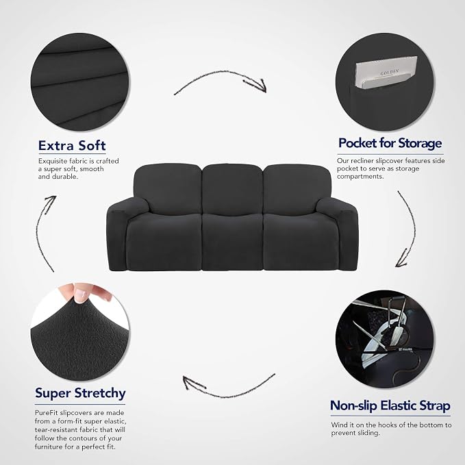 PureFit Super Stretch 3 Seats Recliner Chair Sofa Couch Cover with Pocket – Non Slip Soft Sofa Slipcover, Washable Spandex Reclining Furniture Protector for Kids, Pets (Recliner Sofa, Dark Gray)