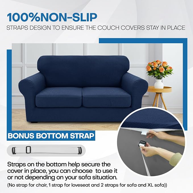 XINEAGE 2026 New 4 Pieces Couch Covers for 3 Cushion Couch Super Stretch Thick Soft Sofa Cover Anti Slip Sofa Slipcover Dogs Cats Furniture Protector (Navy Blue, 71"-91")