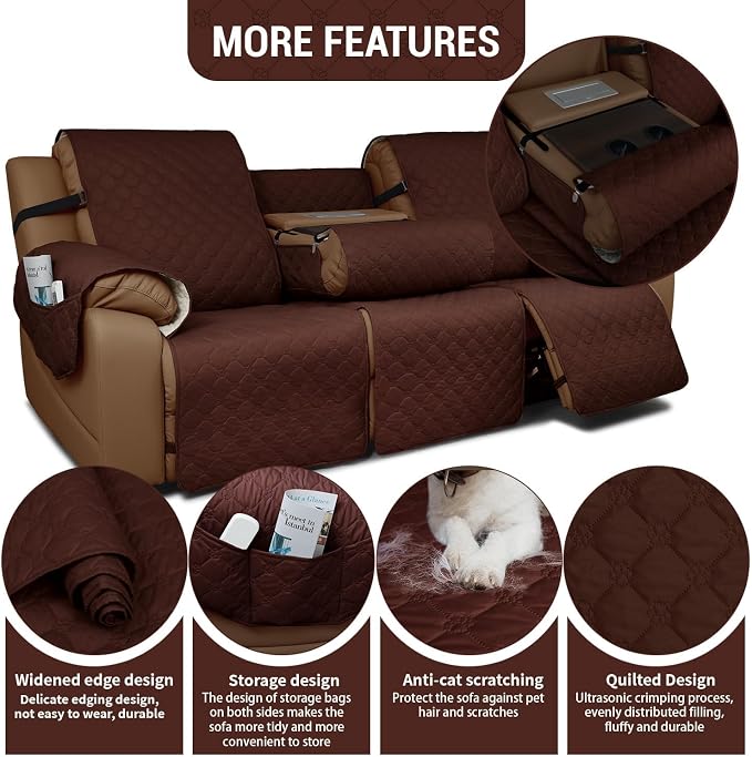 Waterproof Recliner Sofa Covers with Flipped Middle Backrest Washable Recliner Couch Covers Non-Slip with Elastic Straps Furniture Protector for Kid Dogs Pets (Coffee)