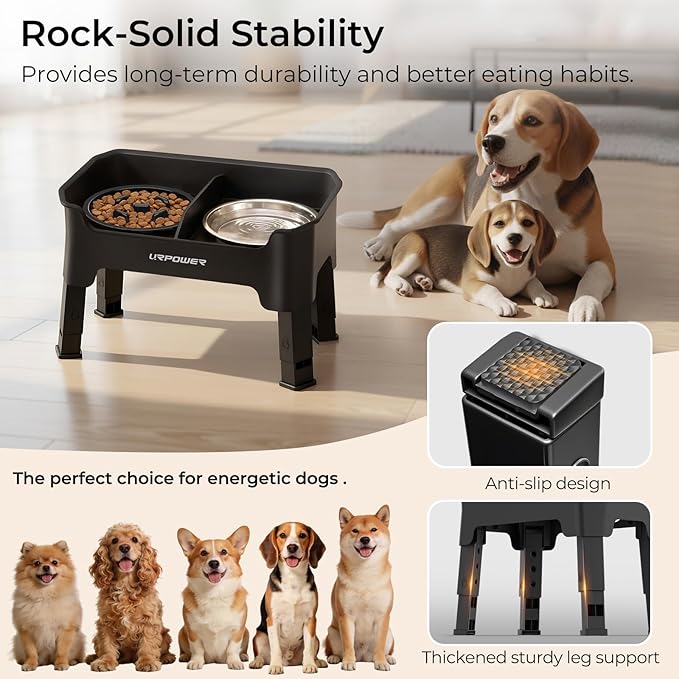 URPOWER Mess Proof Elevated Dog Bowls, High Wall Splash Guard Design, 4 Height Adjustable Raised Bowl Stand with Stainless Steel Bowl & Slow Feeder Bowl, Non-Slip Food Water Set for Small Dogs