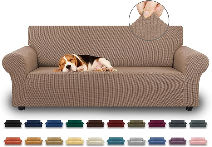 KEKUOU Stretch Sofa Cover Slipcover ，Couch Covers for 3 Cushion Couch Sofa pet Friendly (78"-94") Furniture Protector Sofa with Elastic Bottom for Kids,Dog, Jacquard Small Checked(Large,Camel)