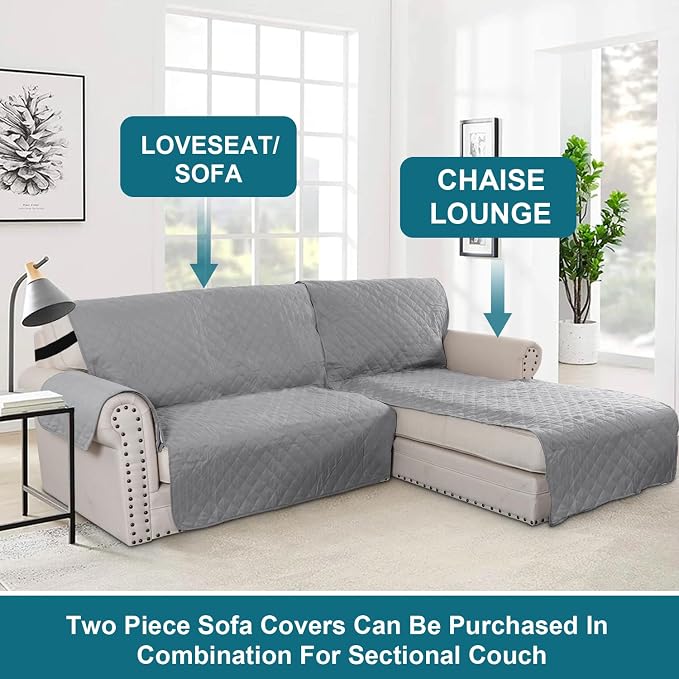 Turquoize 100% Waterproof Sofa Covers Chaise Lounge L Shape Sofa Protector Slip Cover Triple Non-Slip Sofa Slipcover for Sectional Couch Cover for Pets, Kids (Chaise, Dove Gray)