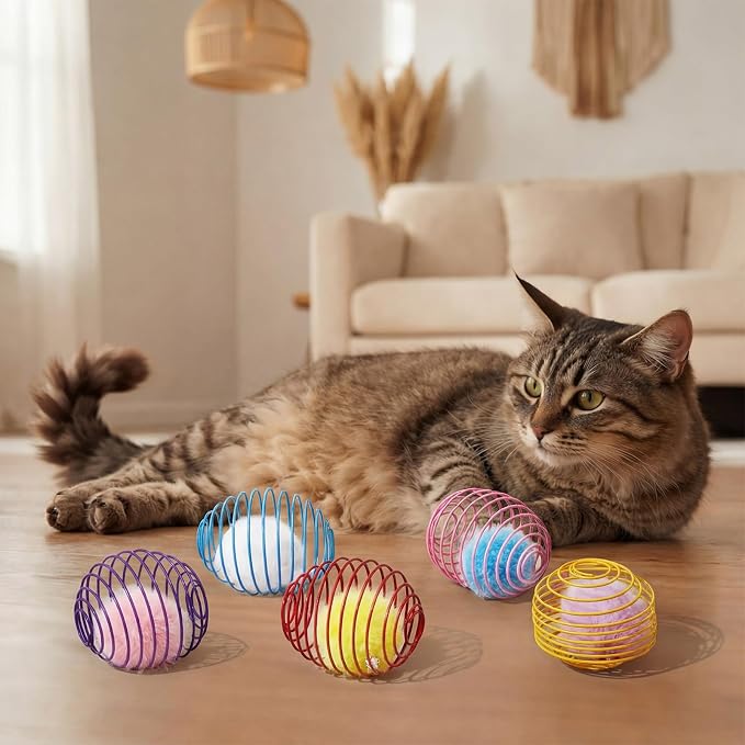 Jecery 5 Pcs Cat Spring Toys Stretchable Rolling Balls Colorful Playful Coils Interactive Action Toy Caged Rats for Kitten Pet Supplies (Pom-pom with Bell,Multicolor)