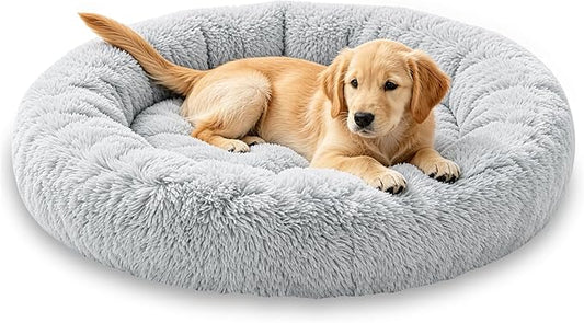 Calming Extra Large Donut Dog Bed, Anti-Anxiety Round Soft Fluffy Plush Faux Fur Washable Anti-Slip Pet Bed for Medium Dogs Up to 45 lbs 32in Gray