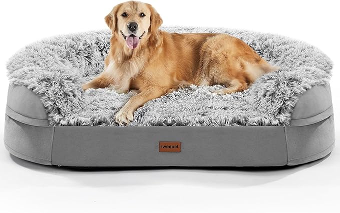 iweepet Fluffy Claiming Orthopedic Dog Beds for Large & Extra Large Dogs, Supportive Dog Sofa Bed with 3.7 inch 28D Egg-Crate Foam, Removable Washable Plush Cover, Waterproof Lining,44’’,Grey