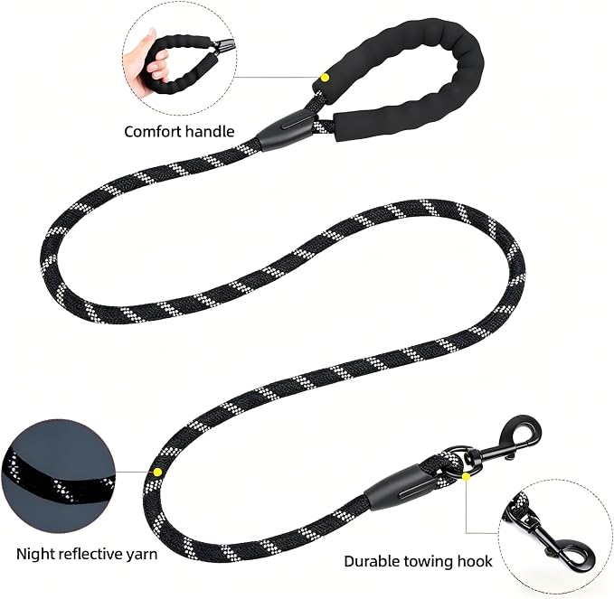 Dog Leash for Medium Large Dogs, Reflective 5FT Heavy Duty Rope Dog Leash with Padded Handle for Night Walking, Tangle-Free Design for Dogs, 1/2 inch Width
