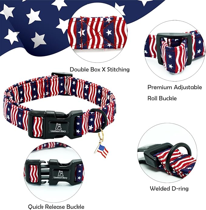 Lionheart glory American Flag Dog Collar, 4 of July Patriotic Independence Day Dog Collar Heavy Duty Adjustable Dog Collars for Large Dogs Pet Gift Summer Collars