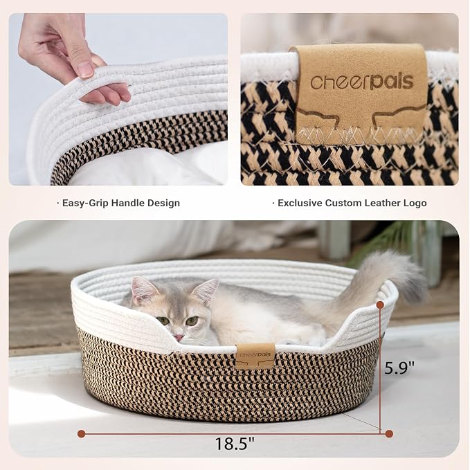 CHEERHOME PETS Cat Bed Basket with Cushion, Cotton Rope Woven Pet Bed for Indoor Cats Couch, Stimulicat Cat Bed Handwoven Breathable, All Season Universal (Brown)