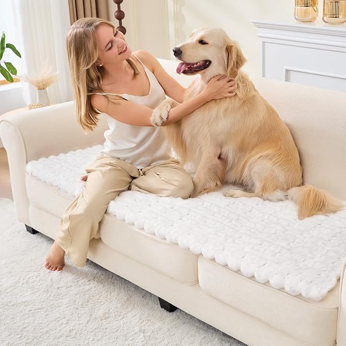 Waterproof Dog Couch Cover, Non Slip Pet Sofa Protector, Thick Fuzzy Couch Cover for Dogs, Machine Washable Furniture Protector, Scratch Resistant Pet Couch Mat(White, 28" x 59"/70 x 150cm)
