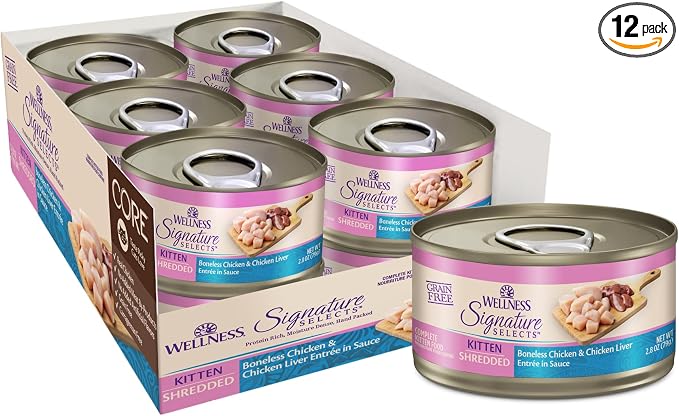 Wellness CORE Signature Selects Shredded Kitten Canned Wet Cat Food, Natural, Protein Rich, Grain Free, Chicken Entrée Recipe, 5.3 oz, Pack of 12 Cans