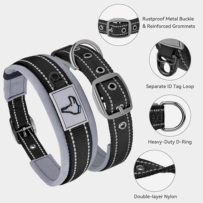 Joytale Dog Collar for Extra Large Dogs, Neoprene Padded and Adjustable, Reflective Wide Heavy Duty Pet Collars with Durable Metal Belt Buckle for Walking, Black, XL
