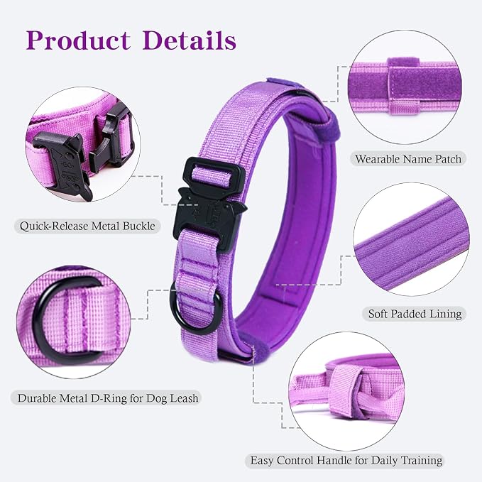 Tactical Dog Collar Adjustable Military Nylon Dog Collar with Control Handle and Heavy Duty Metal Buckle for Medium and Large Dogs (Purple,L)