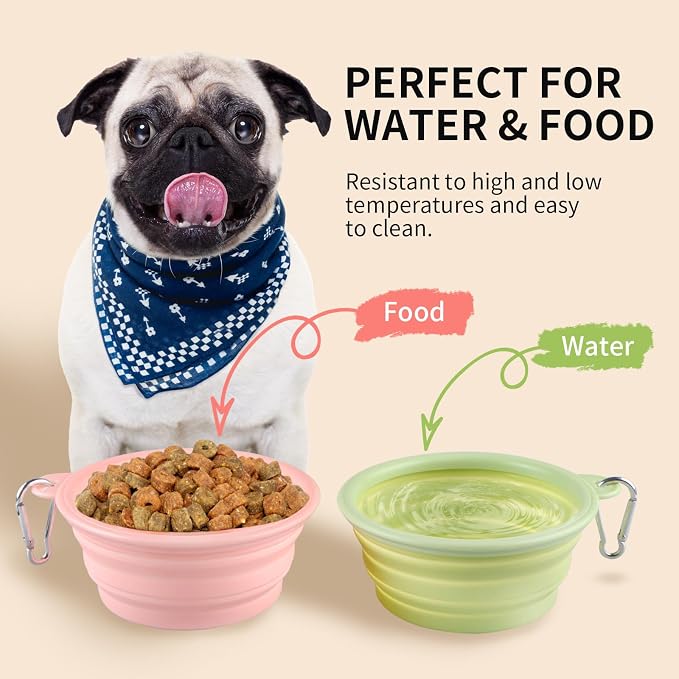 Collapsible Dog Bowls 2-Pack, Portable Travel Dog Bowl with Carabiner, Food-Grade Silicone Pet Bowl for Hiking, Walking (Macaron Pink and Green)