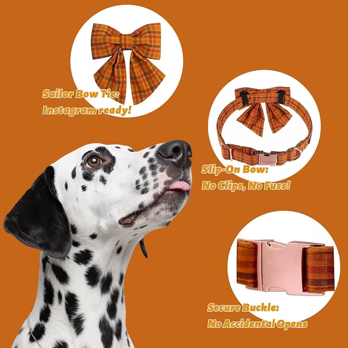 Maca Bates Fall Pumpkin Plaid Dog Collar with Sailor Bow Tie for Extra Large Girl,Boy,Autumn Checkered Puppy Collars with Bowtie,Halloween Gingham Print Adjustable Breakaway Soft for Male Female Dogs