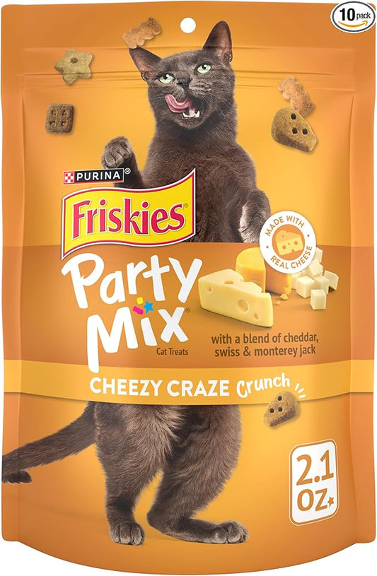 Purina Friskies Cat Treats, Party Mix Cheezy Craze Crunch - (Pack of 10) 2.1 oz. Pouches