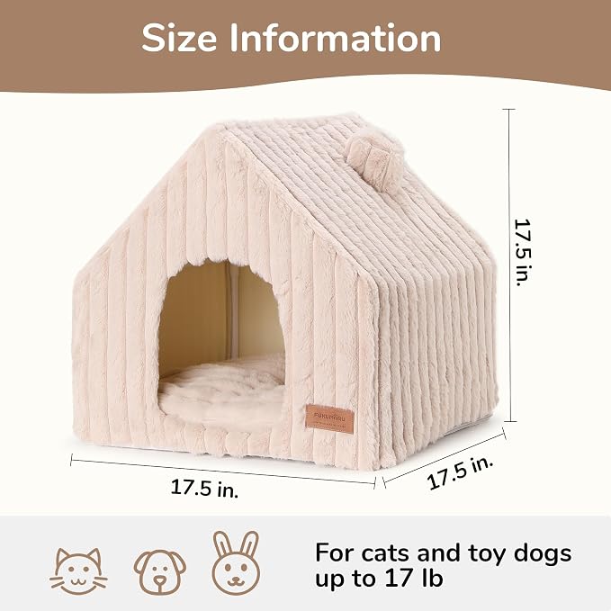 FUKUMARU Cat Houses for Indoor Cats, Washable Cute Cat Bed Cave with Removable Pillow, Large Semi-Enclosed Cozy Dog House Indoor, Soft Faux Rabbit Fur Kitten Bed, 17.5-Inch Cat Hideaway, Pink Grey