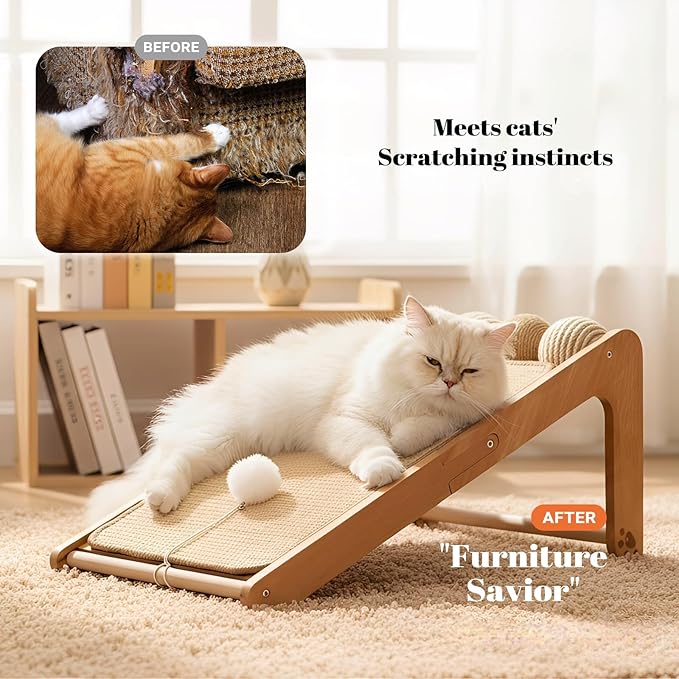 CHEERHOME PETS Sisal Cat Scratcher Ramp with Balls, 24.8" L Shape Cat Scratching Post Climbing Scratch for Indoor Cats, Solid Wooden Cat Furniture(Upgraded)