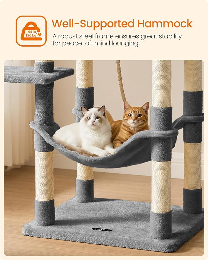 Feandrea Cat Tree, 55.8-Inch Cat Tower, Multi-Level Plush Condo with 11 Scratching Posts, 2 Perches, Hammock, Cave, Light Gray UPCT15W