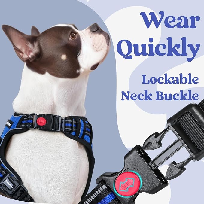 rabbitgoo Dog Harness Medium Sized, No Pull Easy On & Off with 3 Buckles Pet Harness, Adjustable Soft Walking Vest with 2 Clips and Handle, Reflective for Medium Dogs, Blue, M