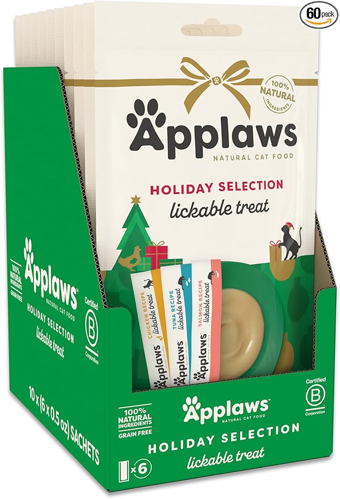 Applaws Lickable Holiday Cat Treats, Natural Grain-Free Purée, Made with Limited and Natural Ingredients, No Artificial Additives, Chicken, Tuna & Salmon Squeeze Up Cat Treats (60 x 0.5 oz Sachets)