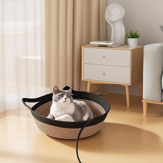 Cotton Rope Woven Cat Bed Basket, Hand Woven Cat Bed with Toy Tail, Small Dogs Sofa Bed, Pet Sleeping Bed Basket for Indoor Cats, Puppies, Rabbits (Medium, Black & Brown)
