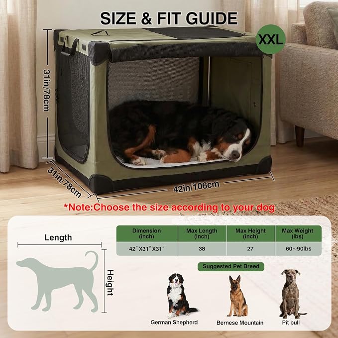 Veraste 42" L x 31" W x 31" H Collapsible Travel Dog Crate, Quick-Setup Portable Soft Dog Kennel for Large Dogs up to 90 lbs, 4-Door Foldable Travel Crate with Storage Bag, Green