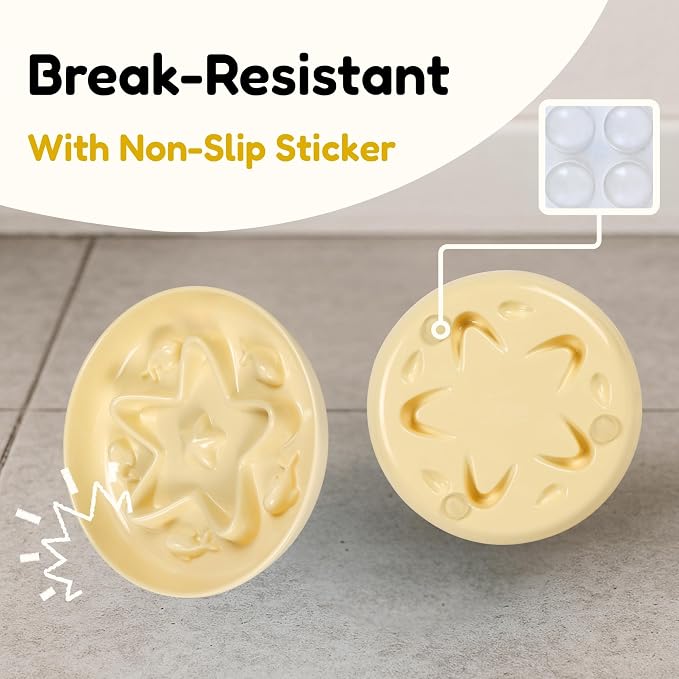 2 Pcs Cat Slow Feeder Bowl – Whisker Friendly Melamine Puzzle Feeding Cat Bowl for Slow Eating – Wet & Dry Food – Dishwasher Safe, Lightweight, Non-Slip (Buttercream + Shell White, 6.3'')
