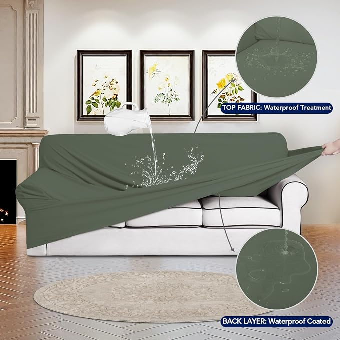 PureFit 100% Dual Waterproof Couch Cover Slipcovers for Couches and Sofas - Stretch Non Slip Fleece Sofa Covers Washable, Leakproof Furniture Protector for Kids, Pets (Oversized Sofa, Greyish Green)